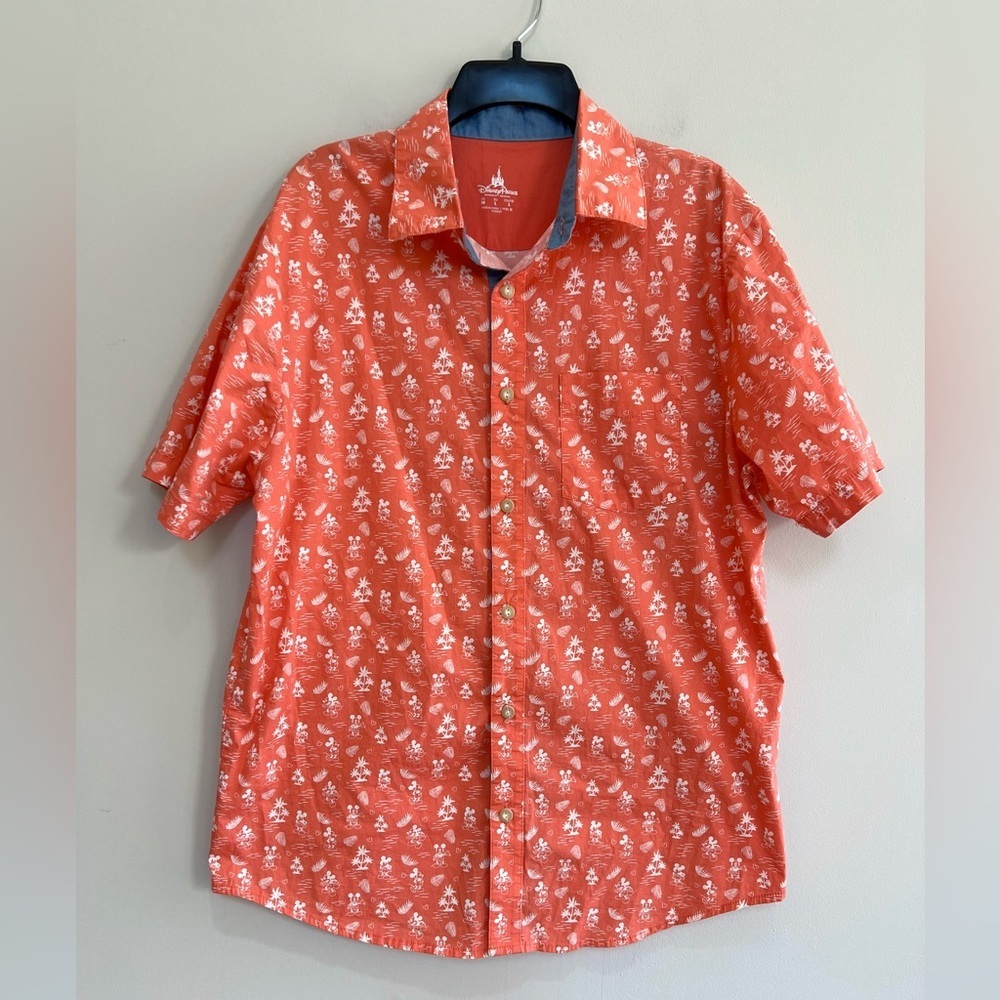 Disney Mens Short Sleeve Tropical Button Up Cotton Mickey Mouse Shirt, Orange, M